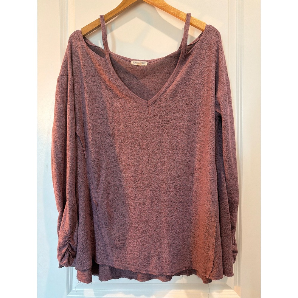 Inspired Hearts Women XL Mauve Cold Shoulder V-Neck Ruched Sleeve Knit Top